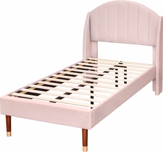 Letto imbottito singolo 90x200 cm con rete a doghe e testiera in velluto rosa, struttura in legno, facile montaggio