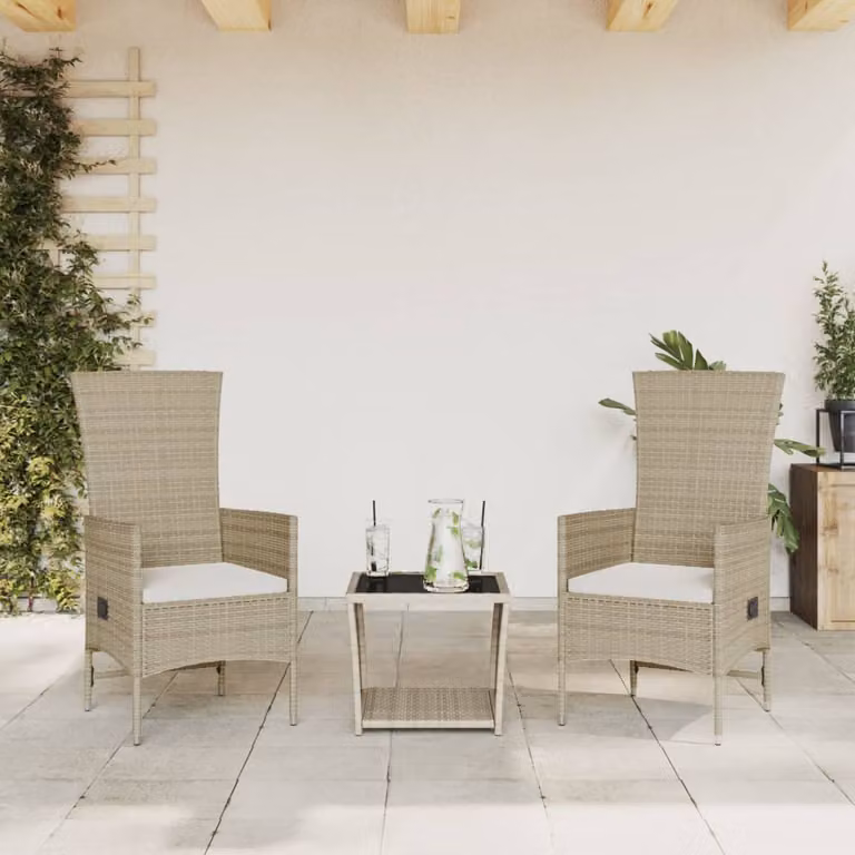 Set da Pranzo da Giardino 3 pz vidaXL in Polyrattan con Cuscini Beige e Piano in Vetro
