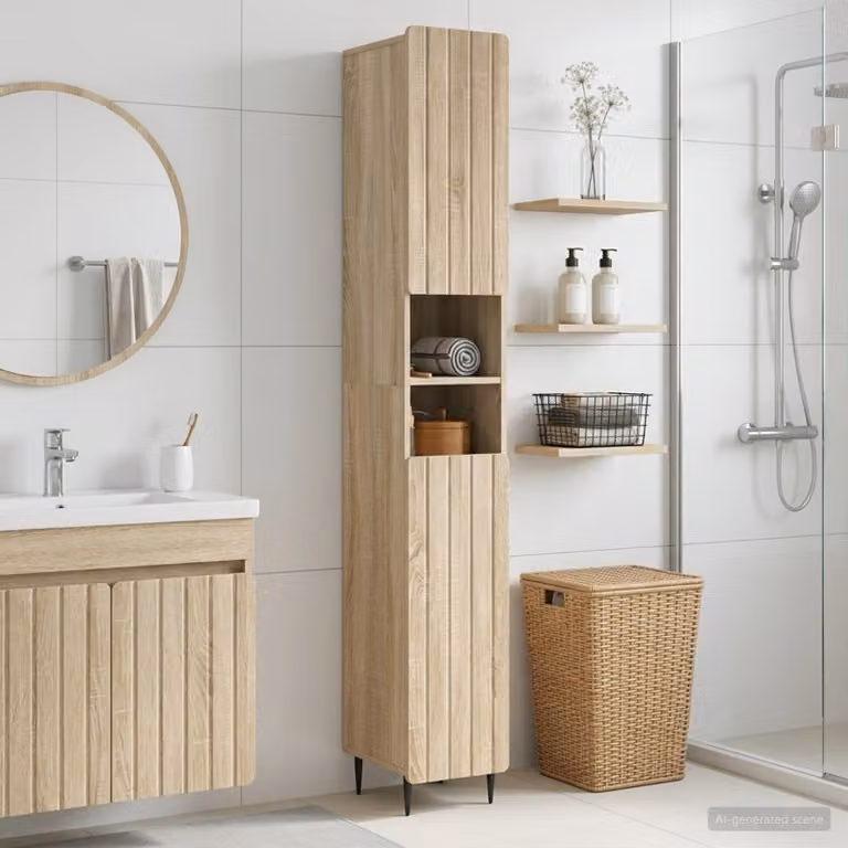 Armadio da bagno vidaXL ZWOLLE con ripiano aperto e ante a battente in Rovere Sonoma, Marrone