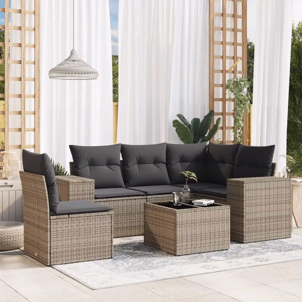 vidaXL Set Divano da Giardino a L 6 pz in Polyrattan Grigio con Cuscini e Tavolino da Caffè – 1