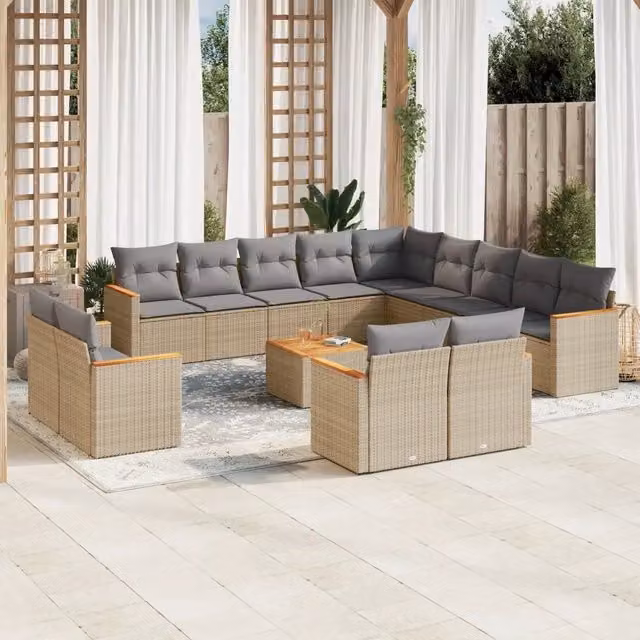 Set di divani da giardino VIDAXL in polyrattan beige con 14 pezzi e cuscini inclusi – 1