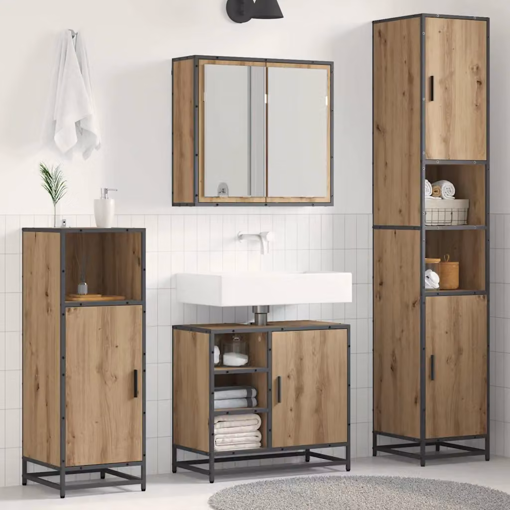 Set di mobili per il bagno moderno vidaXL in 3 pezzi color rovere con specchio, mobile lavabo e colonna alta, L/P/H: 60.0 x 55.16 x 65.0 cm