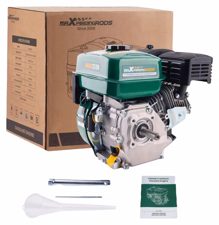 Motore da 7 cavalli, cilindrata di 212 cc, configurazione monocilindrica, a 4 tempi, realizzato in alluminio