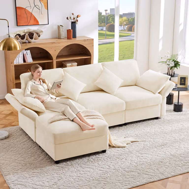 Divano angolare Merax, Soffa a L con funzione letto, 4 cuscini, poggiapiedi, braccioli regolabili, divano da salotto, set di divani, lino, beige