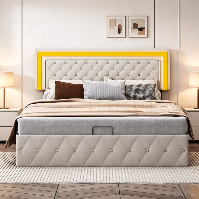 Letto matrimoniale con boxspring 160x200, con illuminazione a LED, imbottito, ideale per ragazzi, con spazio contenitore, sistema di sollevamento idraulico, letto contenitore, rivestito in velluto, color beige.