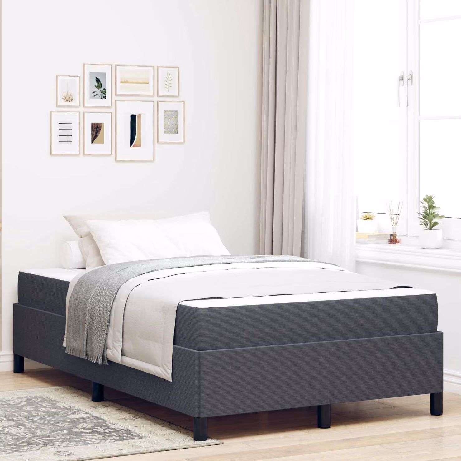 Struttura del letto moderna vidaXL in tessuto e legno, L/P/H: 120 x 200 x 193 cm, Grigio e Bianco – 1
