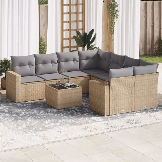 Set Divano da Giardino 9 pz con Cuscini Beige in Polyrattan 3218749