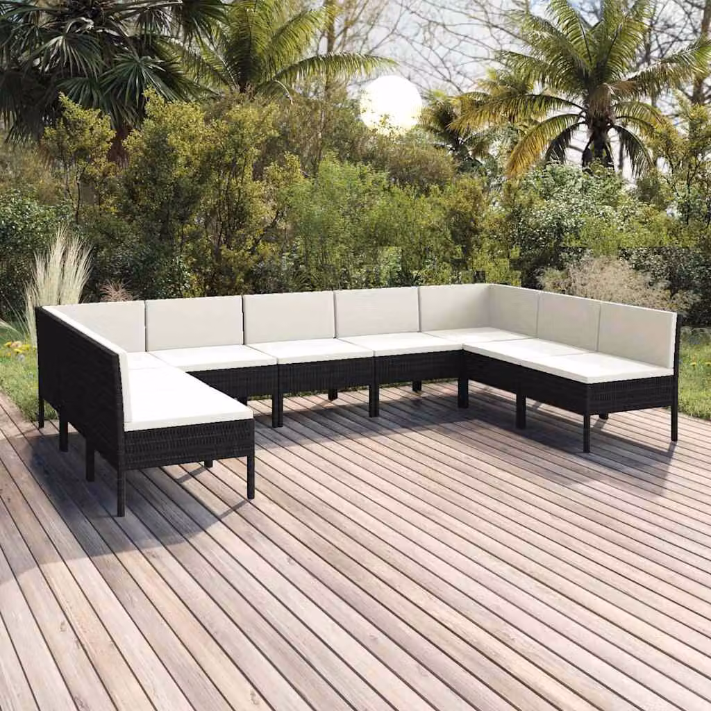 Set di divani da giardino vidaXL a forma di U composto da 9 pezzi con cuscini bianchi e struttura in metallo nero