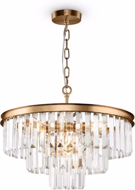 Lampada pendente Neoclassic Revero GIORDANOSHOP in metallo, vetro e cristallo trasparente, colore ottone/oro, H 280 cm x L 50 cm x P 50 cm – 1