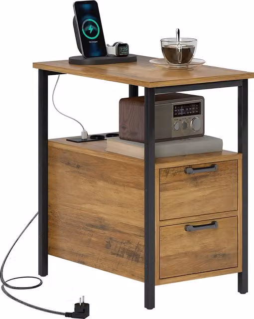 Tavolino comodino HOMCOM moderno in legno naturale e metallo con 2 prese USB, 1 presa tipo C, cassetti e scaffale, colore marrone