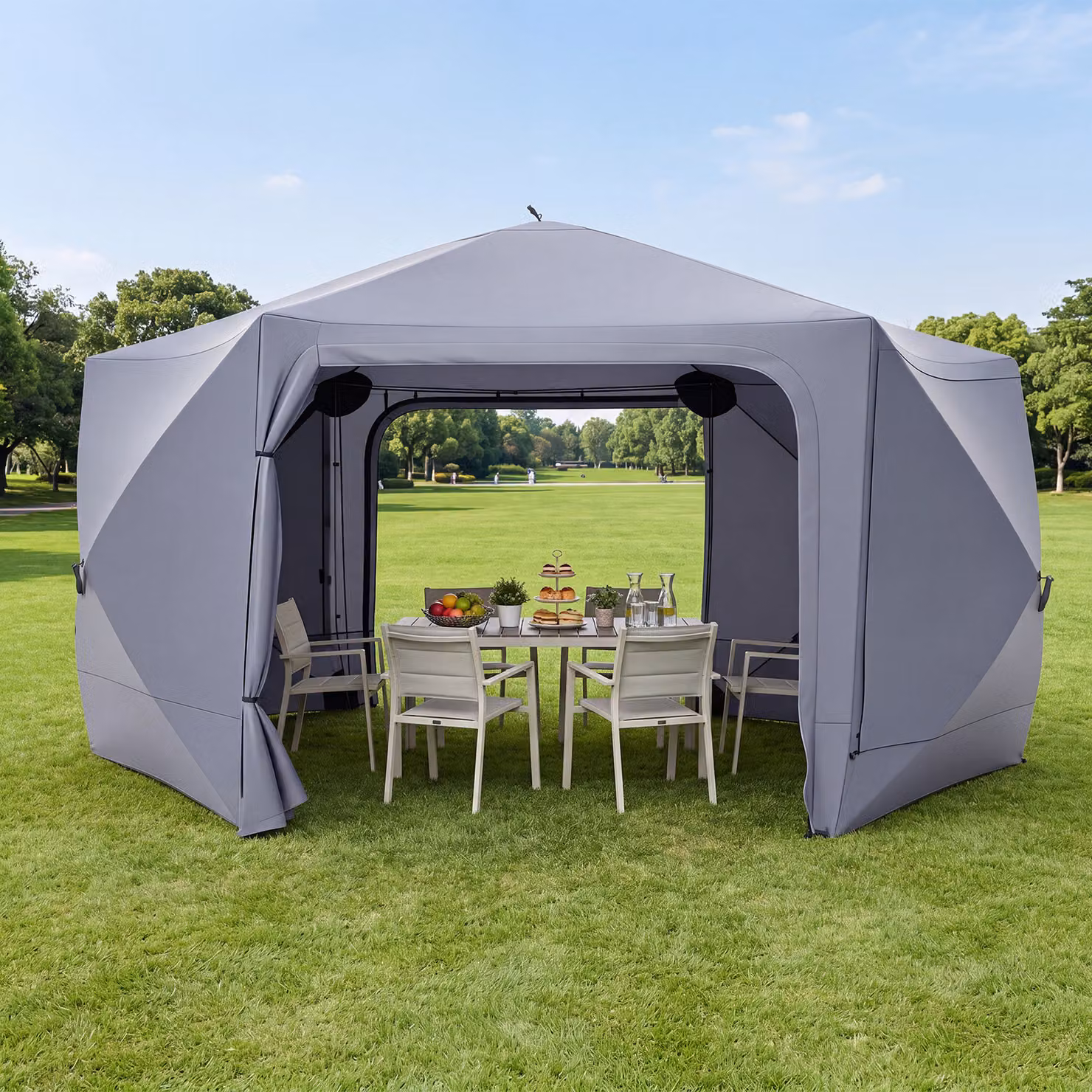 Gazebo da giardino pieghevole Costway grigio con pareti a zanzariera, finestre e porte, tenda esagonale impermeabile in acciaio e poliestere per 10-12 persone