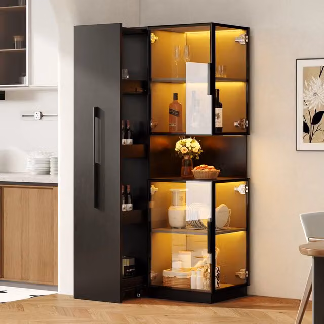 Vetrina in vetro con luci LED nera in MDF; ripiani laterali estraibili per soggiorno e sala da pranzo