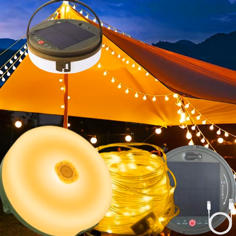 Catena luminosa da 12 metri, con 120 LED a luce calda, alimentata a energia solare, grado di protezione IP44, ideale per il campeggio