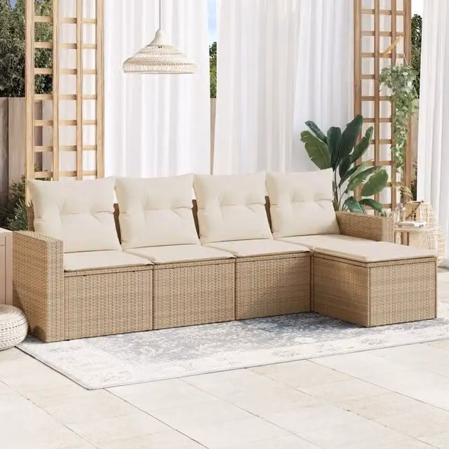 Set Divano da Giardino Moderno a L con 5 Pezzi in Polyrattan e Cuscini Beige VIDAXL