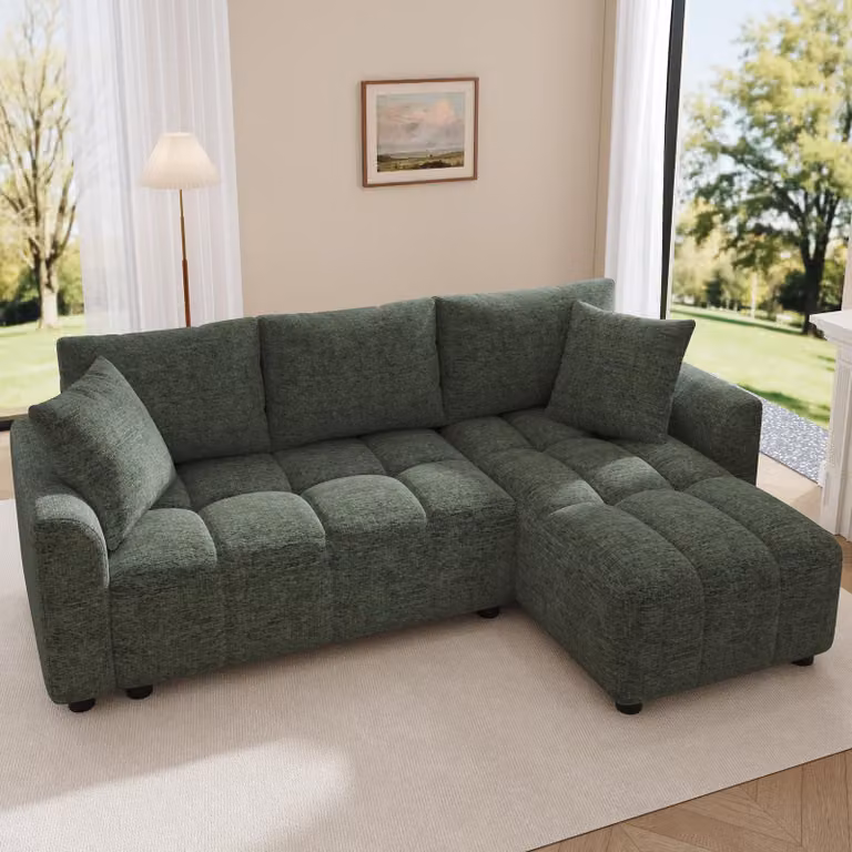 Divano a 3 posti Merax, divano ad angolo a L con chaise longue, tessuto in ciniglia, divano per soggiorno e appartamento, con 2 cuscini, divano, verde