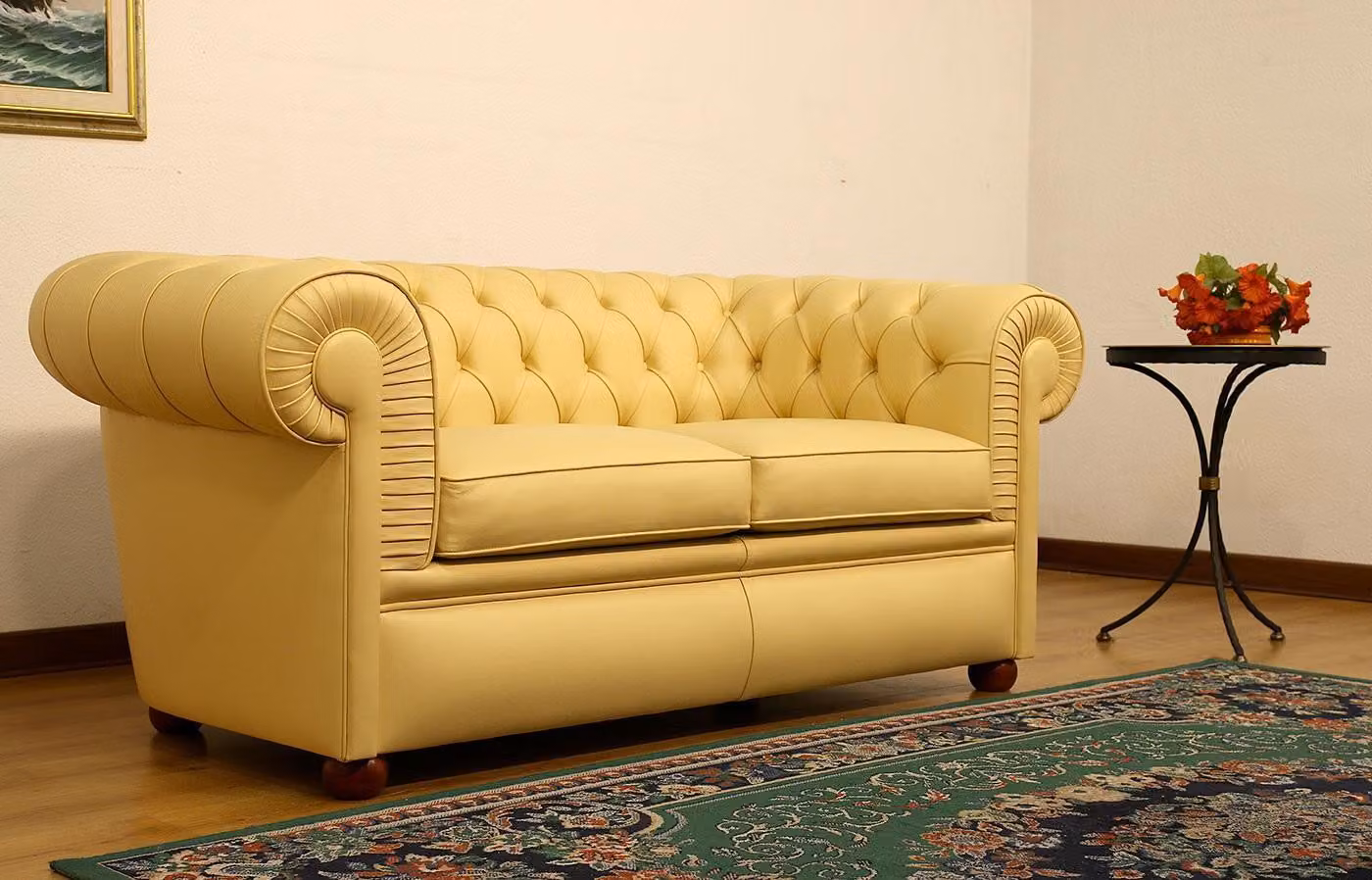 Design Chesterfield Sofa 2-Sitzer Gelb Couch Polster Leder Sofas Wohnzimmer