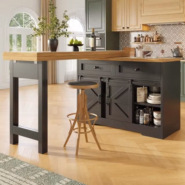 Tavolo Isola da Cucina Estraibile e Rotante REDOM in MDF Nero Opaco – 1