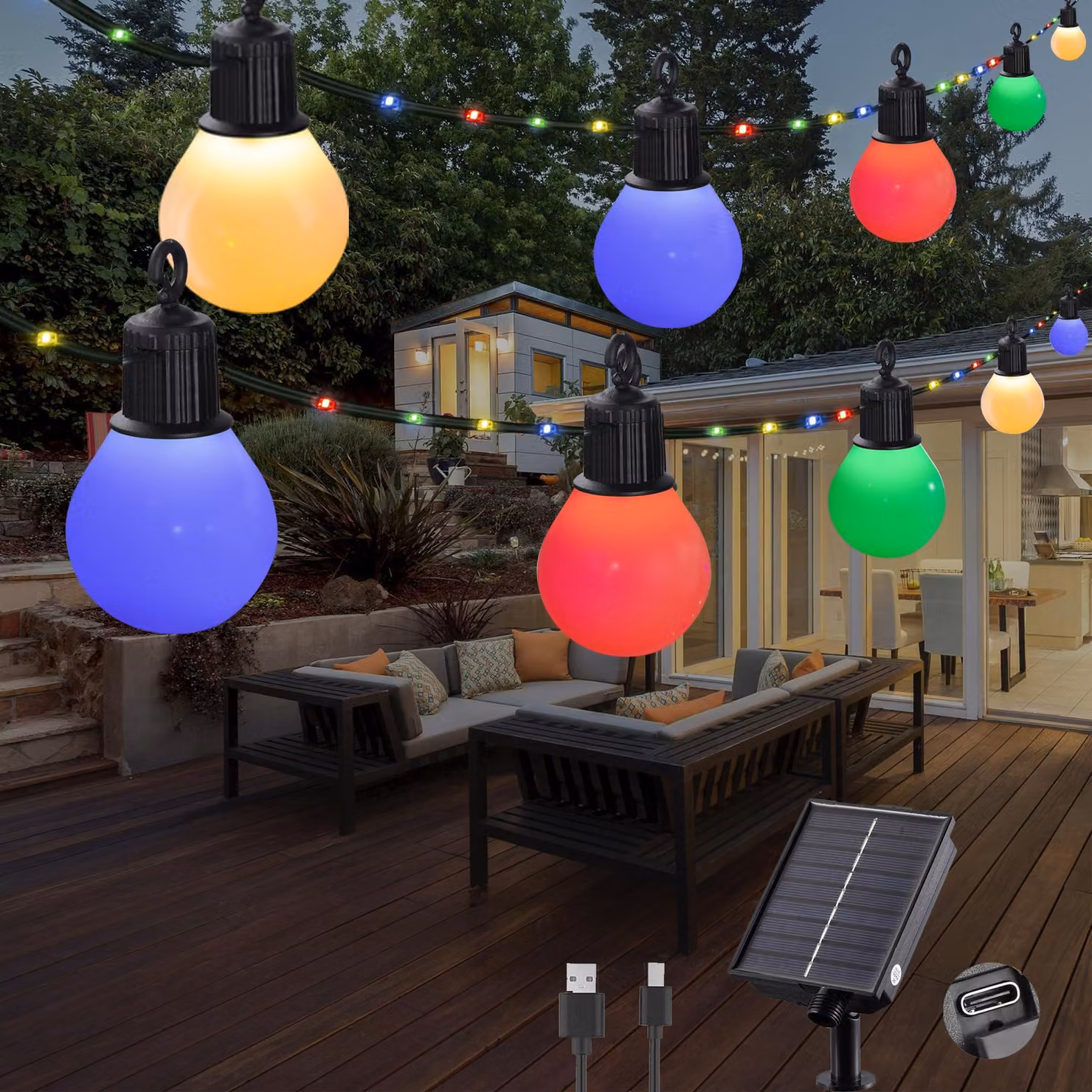 Catena luminosa solare, 10 metri, 100 LED, tipo G40, 8 modalità, grado di protezione IP65, multicolore