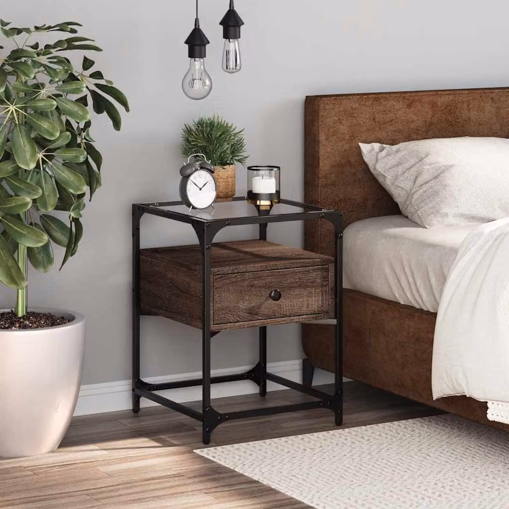 Comodino moderno vidaXL in legno rovere marrone e vetro, sospeso, L 40 cm x P 40 cm x H 55 cm