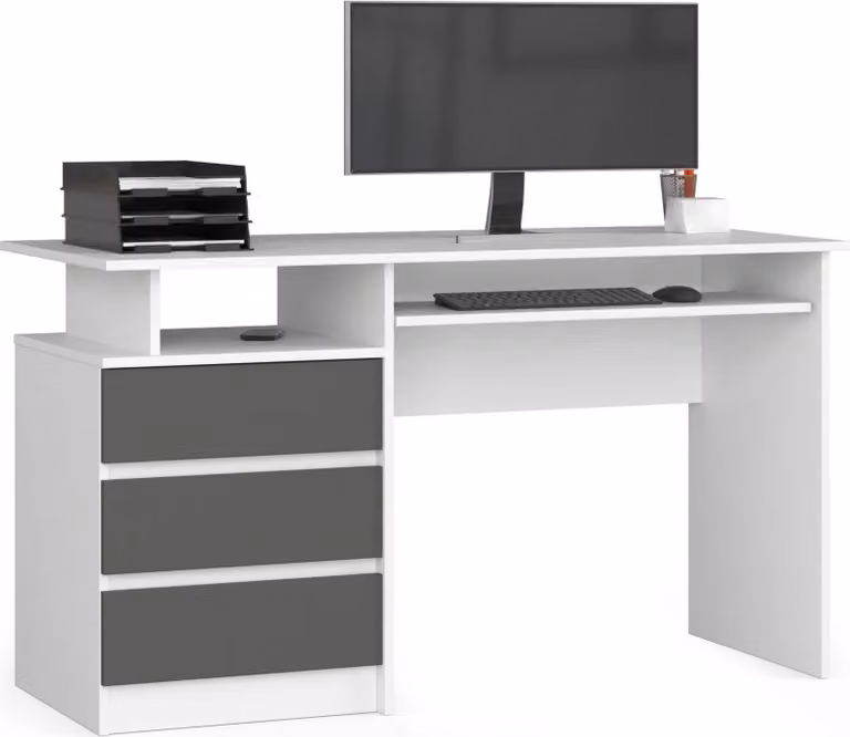 Scrivania per ufficio scandinava 135 cm bianca e grigio grafite con 3 cassetti e ripiano estraibile per tastiera