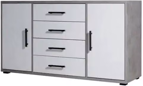 Credenza moderna 4 cassetti + 2 ante ossido+bianco cemento già montato L136 H78 P40