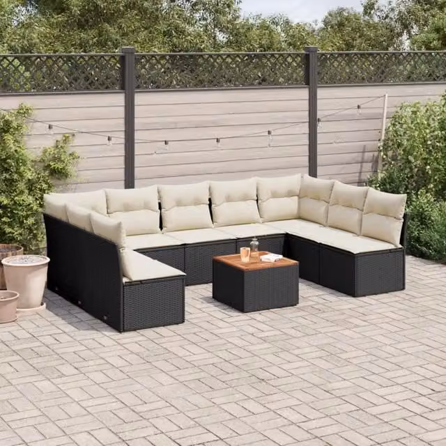 Set Divani da Giardino 10pz con Cuscini in Polyrattan Nero 3223788