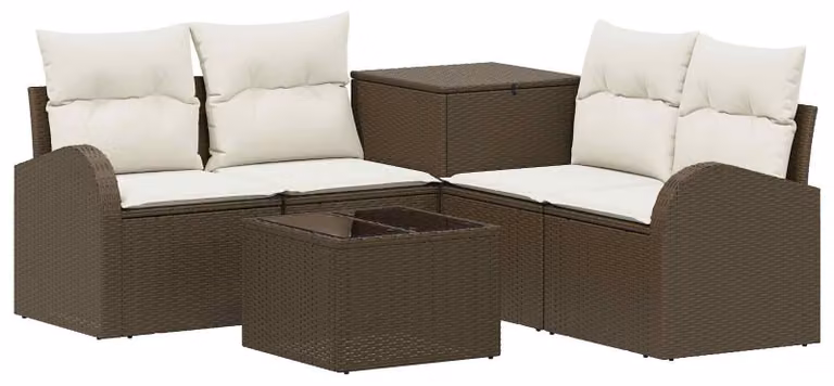 Set di divani da esterno, 6 pezzi. Colore: marrone e crema. Materiali: rattan sintetico e acciaio