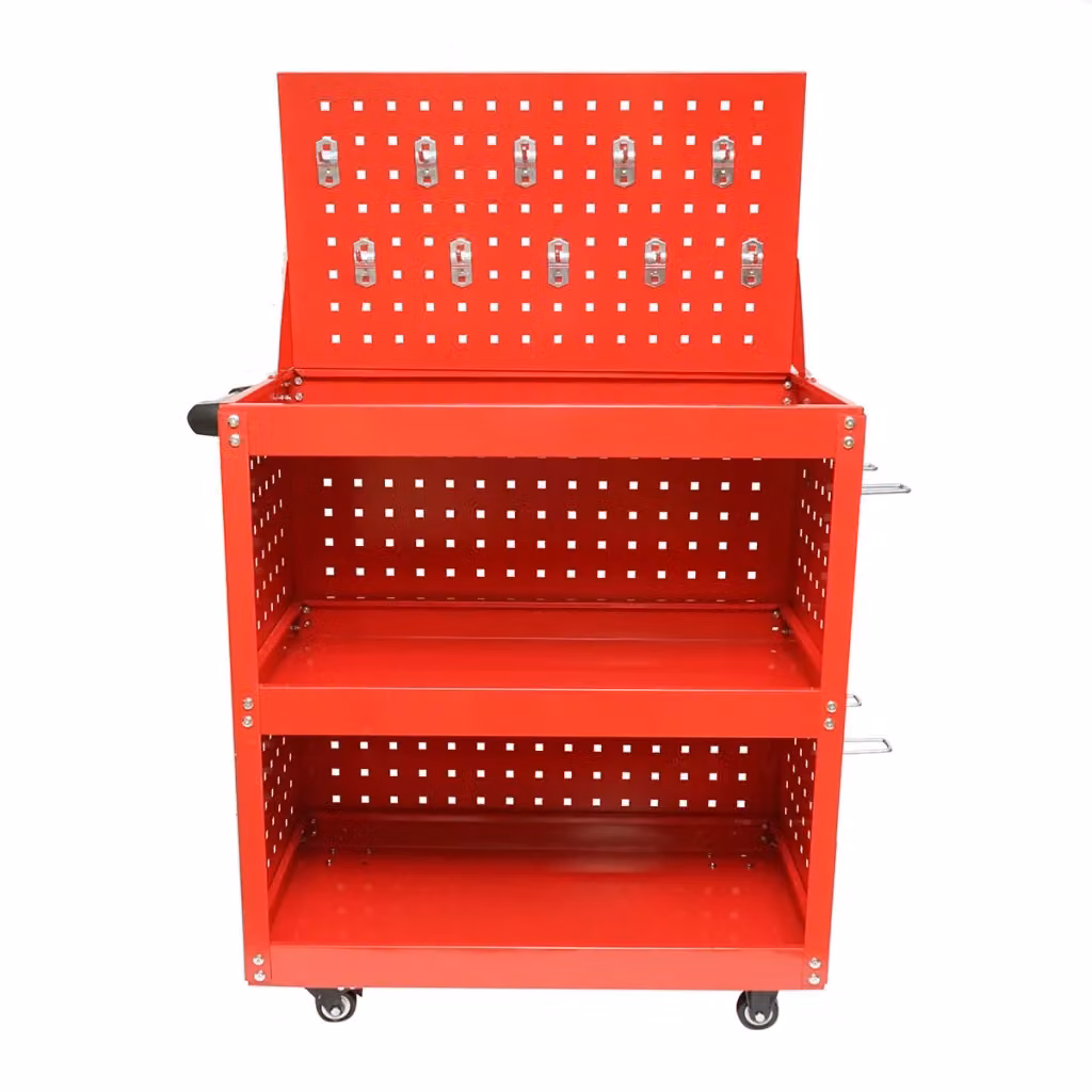 Carrello metallico rosso su ruote con 3 ripiani e pannello per attrezzi H: 108 cm, L: 66 cm, P: 36 cm – 2