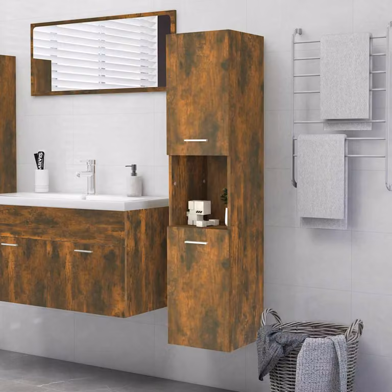 Armadietto da bagno moderno vidaXL in legno Rovere Fumo con ante a battente e ripiani interni, L/P/H: 30 x 30 x 130 cm
