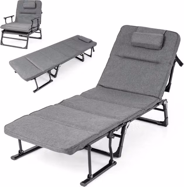 Sedia a sdraio pieghevole con schienale reclinabile in 6 posizioni e poggiatesta ergonomico, letto da esterno in metallo grigio L: 185 cm, P: 60,5 cm, H: 38 cm