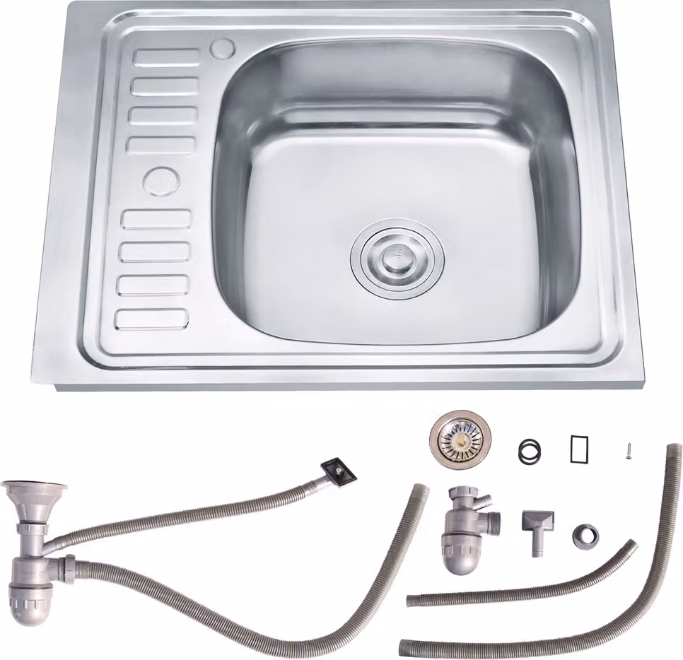 Lavello da incasso in acciaio inox 58x45 cm con vasca rotonda a destra, sgocciolatoio a sinistra e sifone