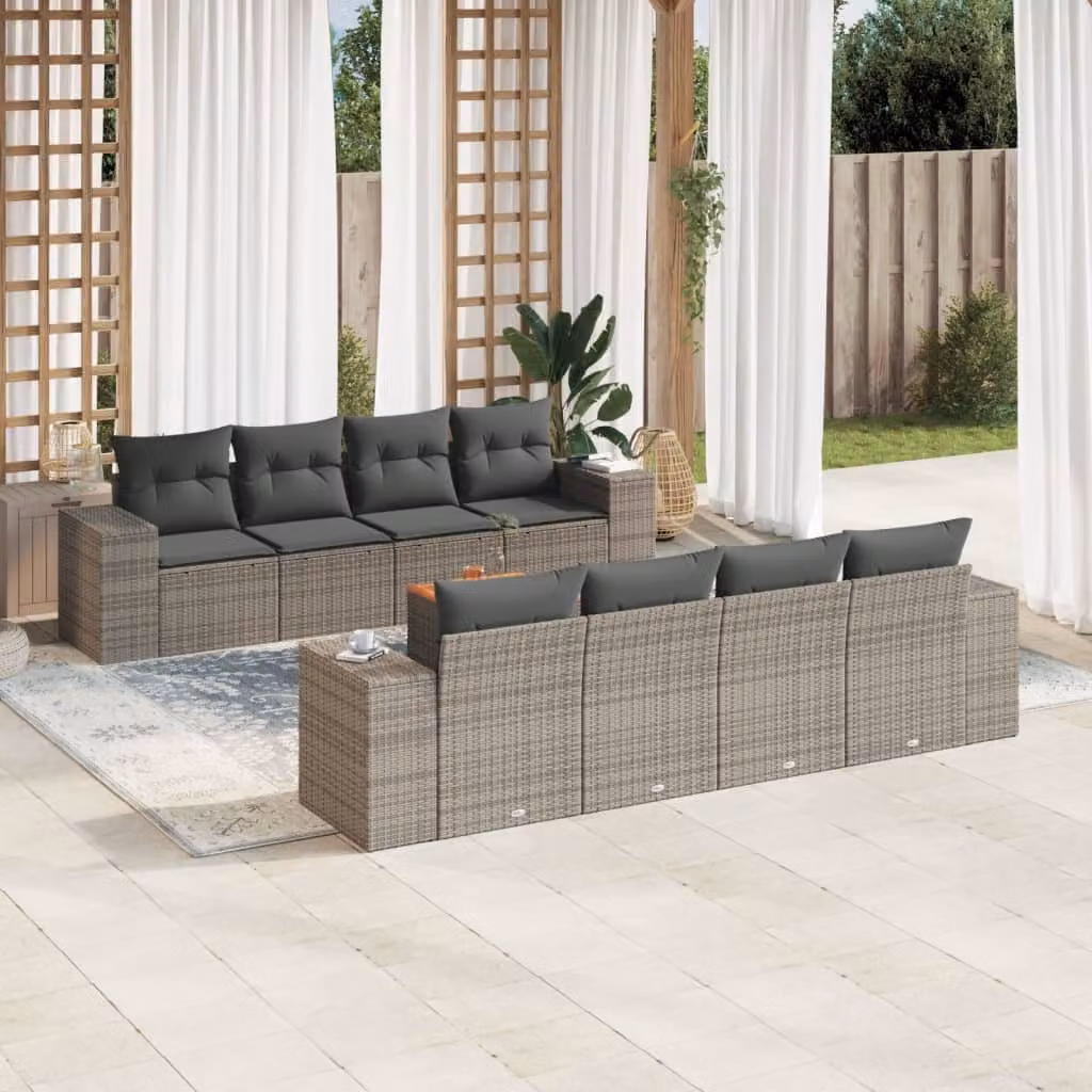 vidaXL Set Divano da Giardino 9 pz a forma di U con Cuscini Grigio in Polyrattan e Struttura in Acciaio Verniciato a Polvere – 1