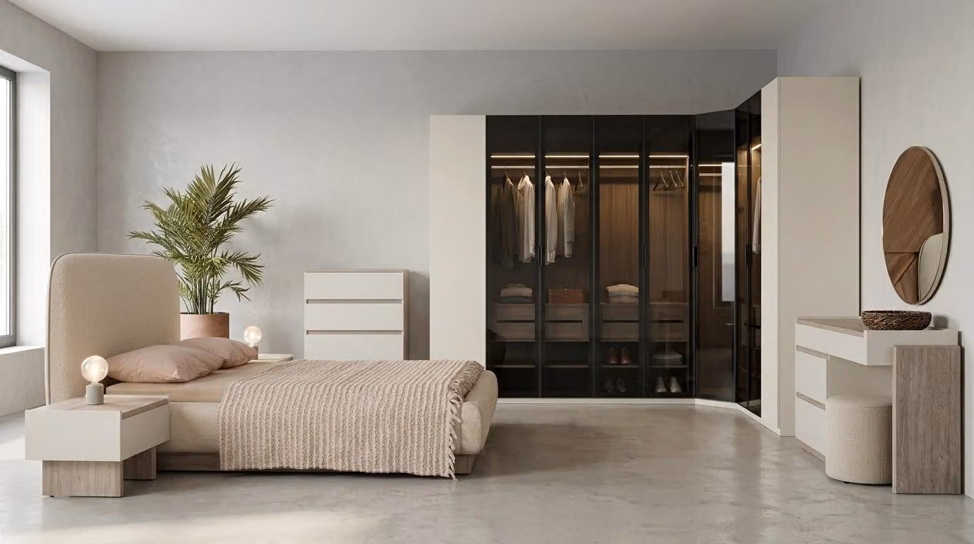 Armadio a giorno, comodino, letto, beige, moderno, elegante, vetrina, mobili da camera da letto