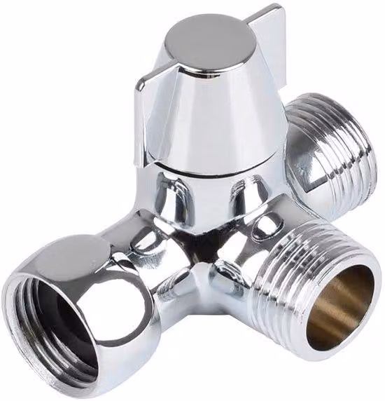 Ibenzoa® Adattatore universale a 3 vie per doccia e bidet, in ottone massiccio cromato, con valvola di intercettazione, raccordo interno girevole a 360°, colore argento