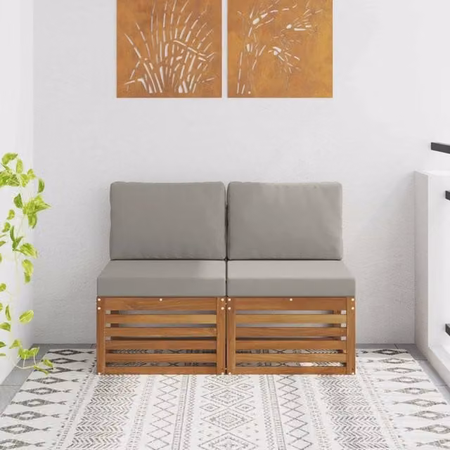Set di 2 pezzi divani centrali da esterno moderni vidaXL in legno di acacia color marrone e grigio L: 73 cm, P: 59 cm, H: 63 cm