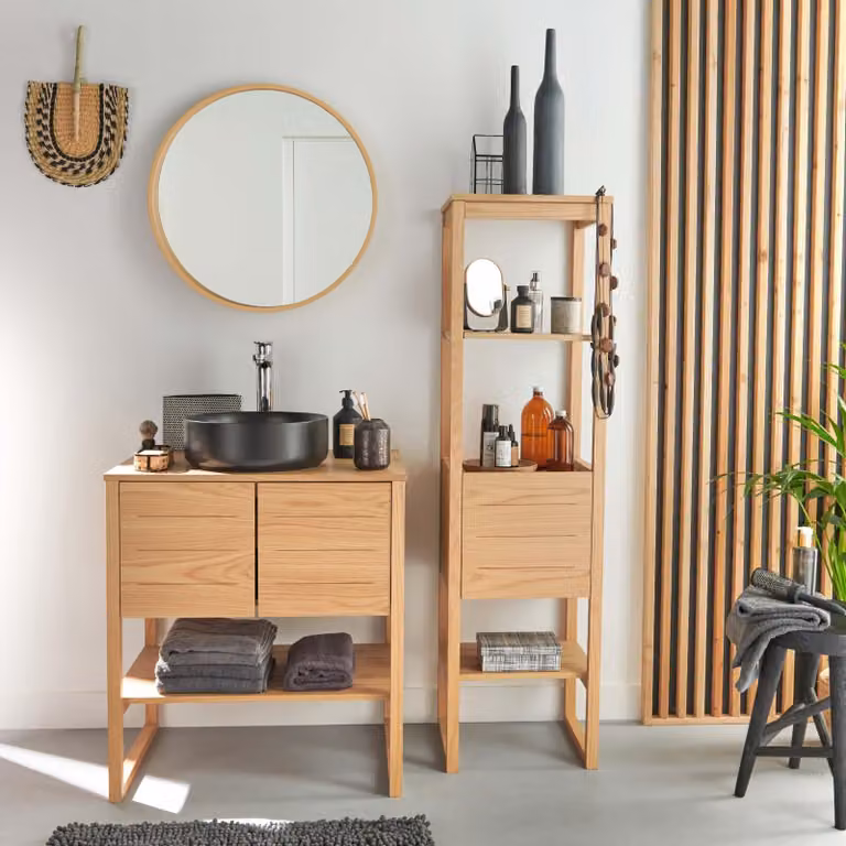 Mobile 70cm rovere colonna lavabo nero rubinetto specchio ATOLL