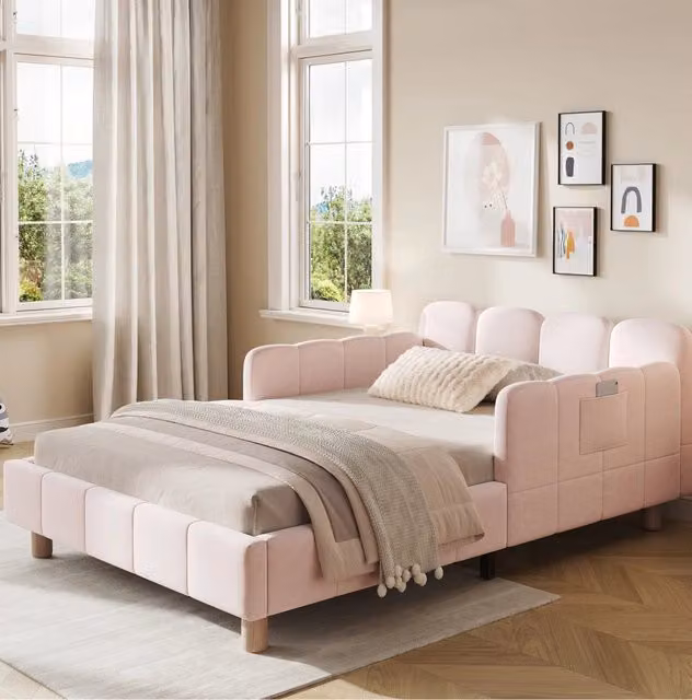 Letto singolo 90x200 cm con testiera imbottita e braccioli in velluto rosa