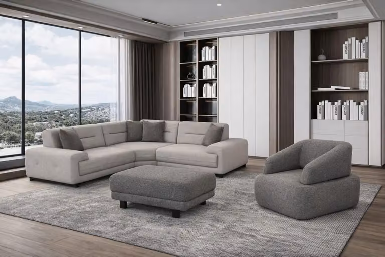 Divano angolare moderno con poggiapiedi e poltrona, color grigio, per un arredamento elegante