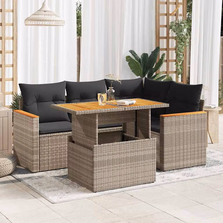 Set Divano da Giardino a L vidaXL in Polyrattan e Legno di Acacia Grigio con 5 Pezzi e Cuscini Inclusi