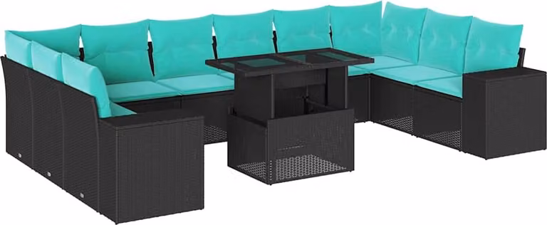 set di divani da giardino da 11 pezzi con cuscini, in polyrattan nero