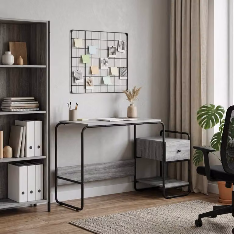 Scrivania moderna vidaXL con mobile contenitore in MDF e laminato, colore grigio, L: 131,5 cm, P: 60 cm, H: 75,5 cm