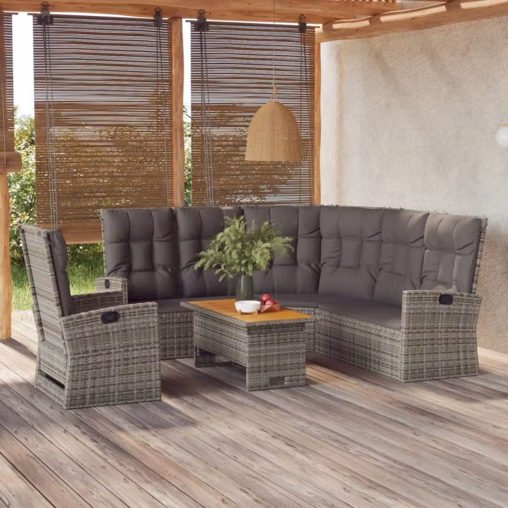 The Living Store Set di 3 pezzi da giardino con cuscini in poly rattan grigio