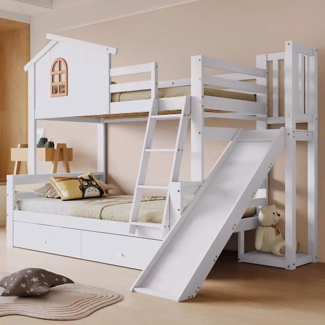 Letto a castello 90 × 200 e 120 × 200 cm con scivolo, due cassetti e scala inclinata, senza materasso, bianco
