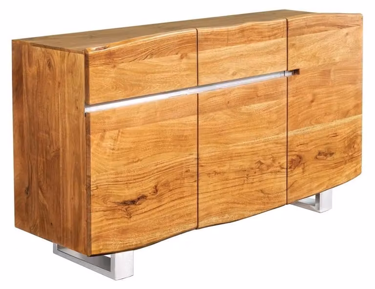 Buffet ARKAYA 135 cm in legno massiccio di acacia verniciato – 3 porte, 2 cassetti e piedi in acciaio