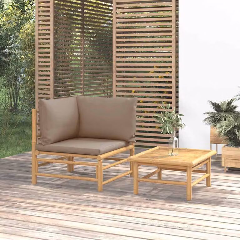 Set Salotto da Giardino vidaXL a Forma di L in Bambù con Cuscini e Tavolino da Caffè, Colore Marrone, Grigio e Beige