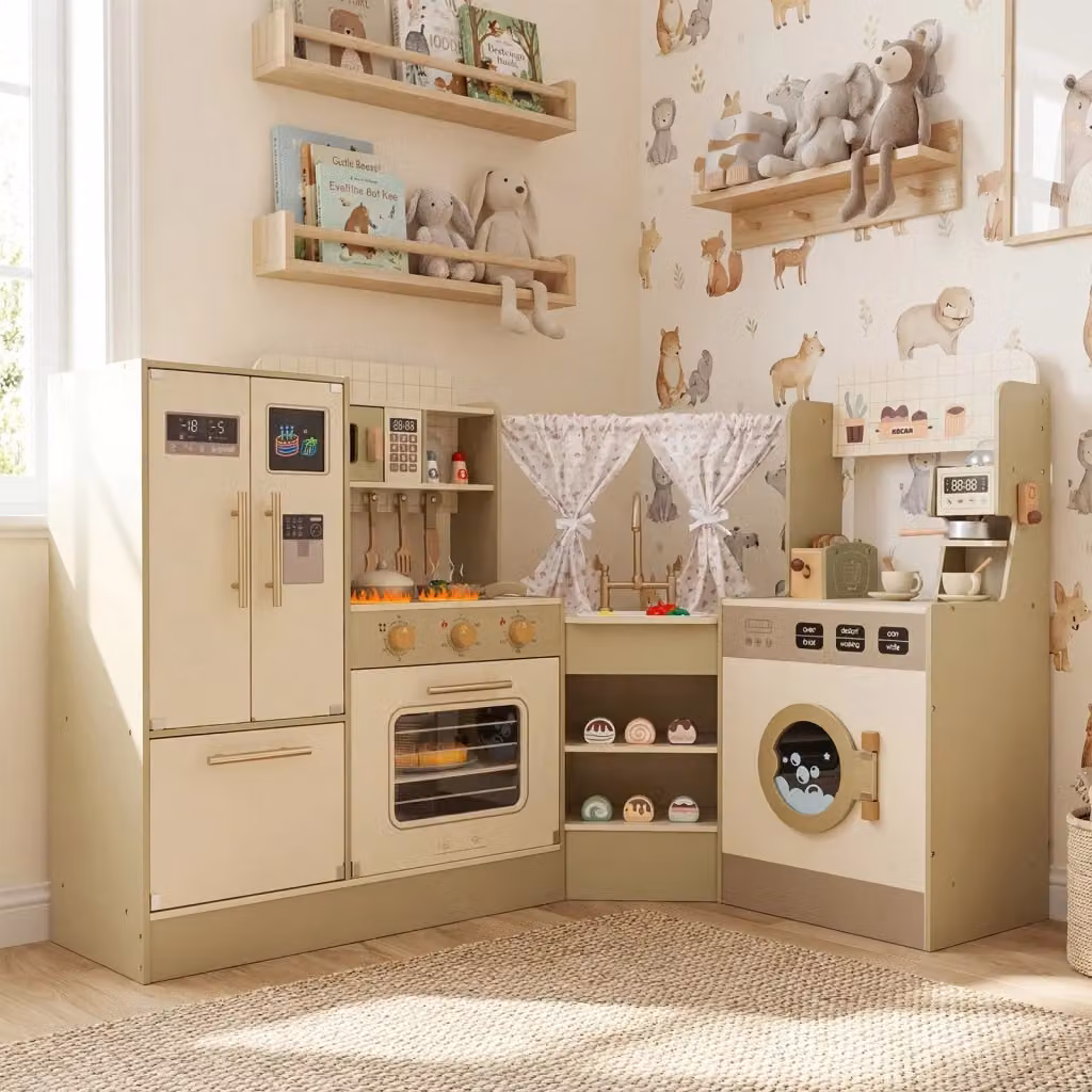 Angolo giochi cucina per bambini in legno con rubinetto e fornelli realistici, Set cucinetta giocattolo con accessori verde e beige, L/P/H: 85.5 x 23.0 x 90.85 cm – 2