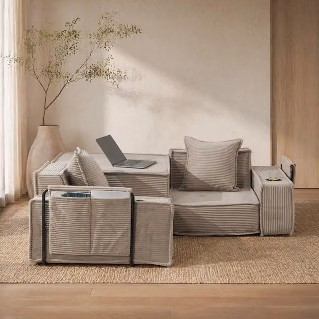 Divano ULEVR 162x78x66 cm in velluto a coste kaki con 2 cuscini e tasche laterali