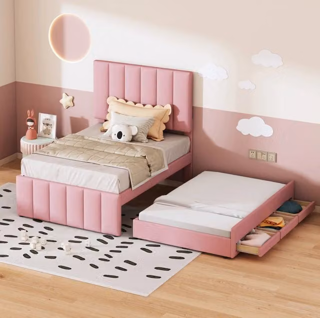 Letto imbottito 90x200 cm rosa, struttura in MDF e metallo con letto estraibile