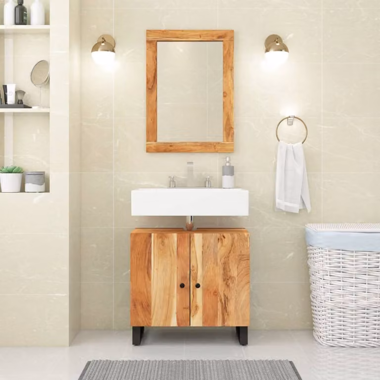 Set di mobili da bagno vidaXL in legno di acacia marrone composto da mobile lavabo e armadietto con specchio