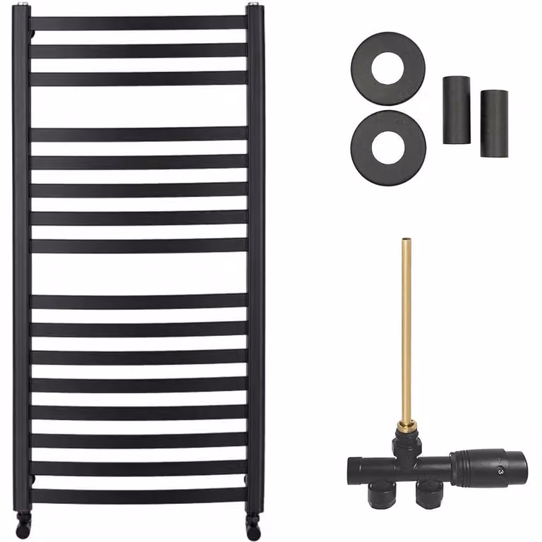 Set radiatore per bagno Paolo - riscaldamento centralizzato - attacco laterale a un punto - 604W - nero opaco - 1090x550 mm